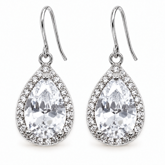 Pave CZ Halo Teardrop Earrings Silver