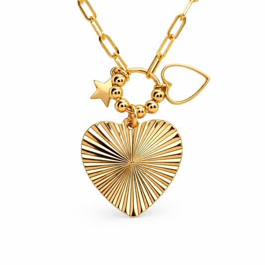 Medium Strobe Heart Charm Cluster Paperclip Chain Necklace — approved Hearts collection luxury white background product photo