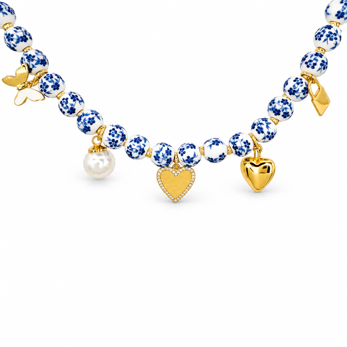 Hearts & Butterfly Chinoiserie Beaded Necklace — approved Hearts collection luxury white background product photo