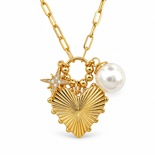 Medium Strobe Heart, Pearl, & North Star Charm Cluster Paperclip Chain Necklace — approved Hearts collection luxury white background product photo