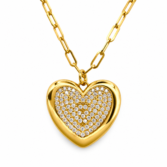 Medium Gloss Center Pave CZ Heart Paperclip Chain Necklace — approved Hearts collection luxury white background product photo