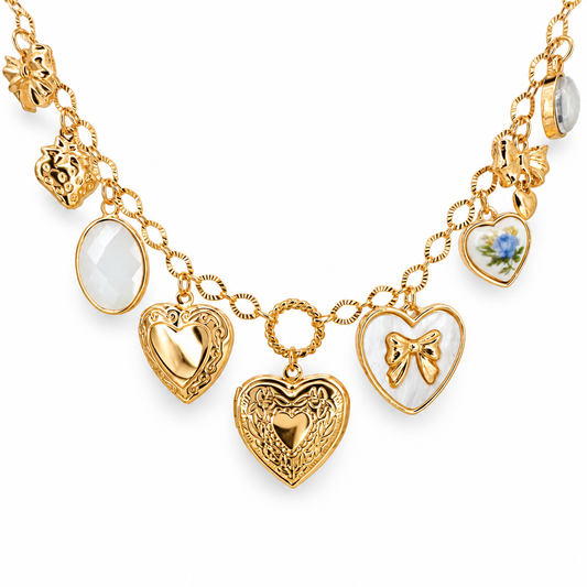 Hearts Locket & Bow Tag Charm Necklace — approved Hearts collection luxury white background product photo