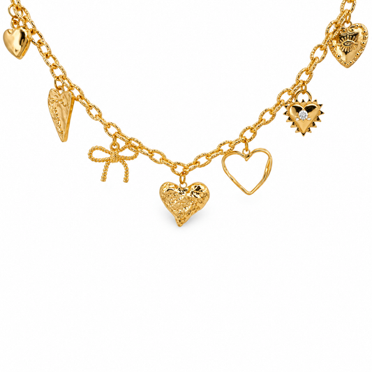 Assorted Hearts & Bow Tag Charm Necklace — approved Hearts collection luxury white background product photo