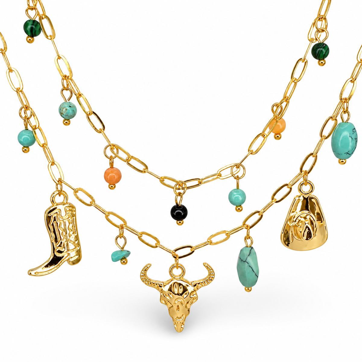 Double Layer Boot, Antler, &amp; Cowboy Hat Multi Charm Beaded Necklace — approved Western Default Title shiny gold product photo — 24097