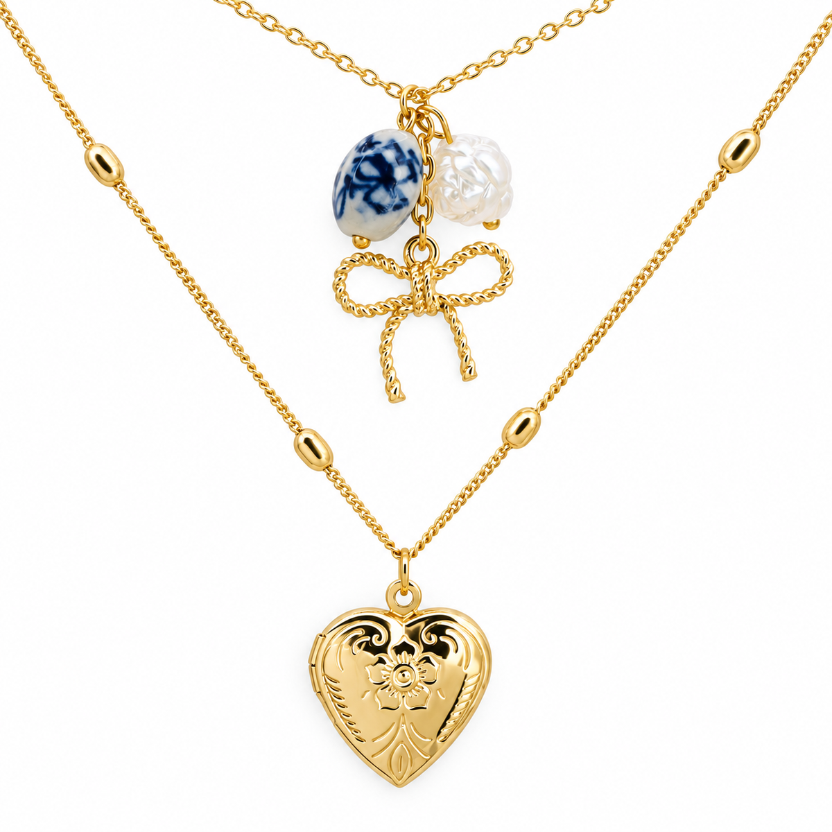 Locket & Bow Cluster Chinoiserie Layer Necklace — approved Hearts collection luxury white background product photo
