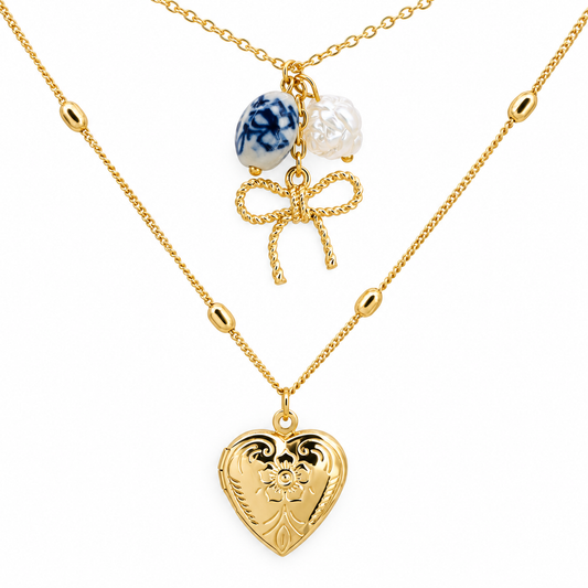 Locket & Bow Cluster Chinoiserie Layer Necklace — approved Hearts collection luxury white background product photo