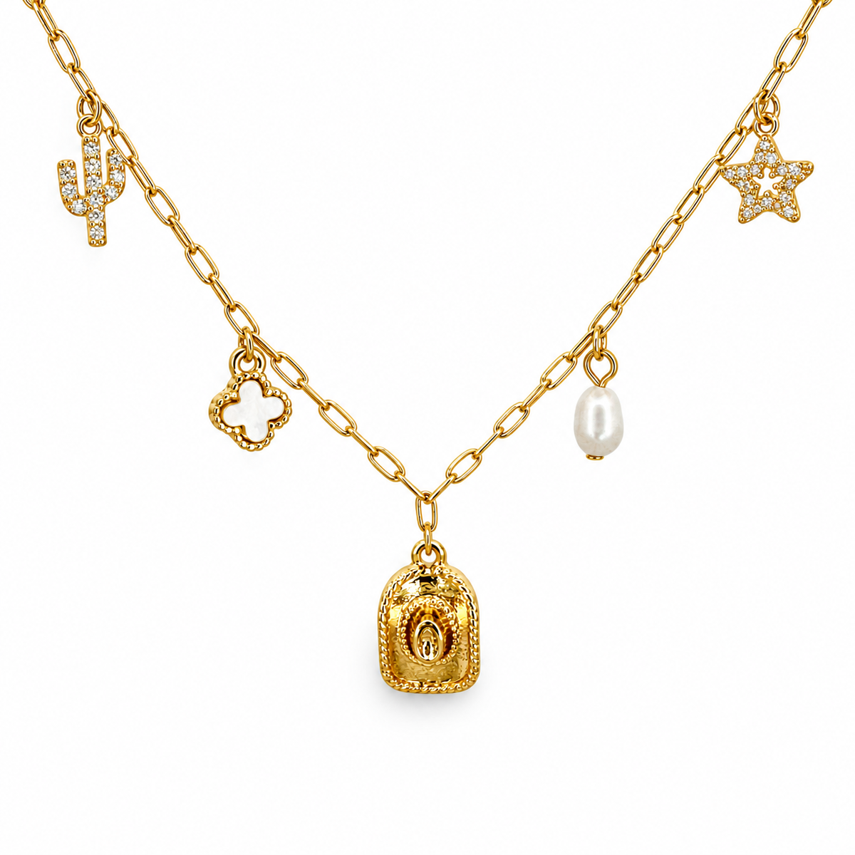 Cactus, Hat, & Star Delicate Paperclip Charm Station Necklace — approved Western Default Title shiny gold product photo — 24139