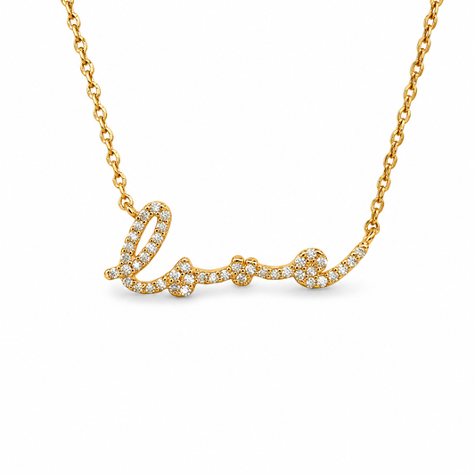 Medium Love Script Pave CZ Festoon Necklace — approved Hearts collection luxury white background product photo