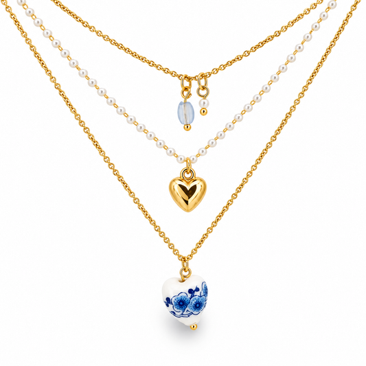 Heart Chinoiserie Bead & Faux Pearl Triple Layer Necklace — approved Hearts collection luxury white background product photo
