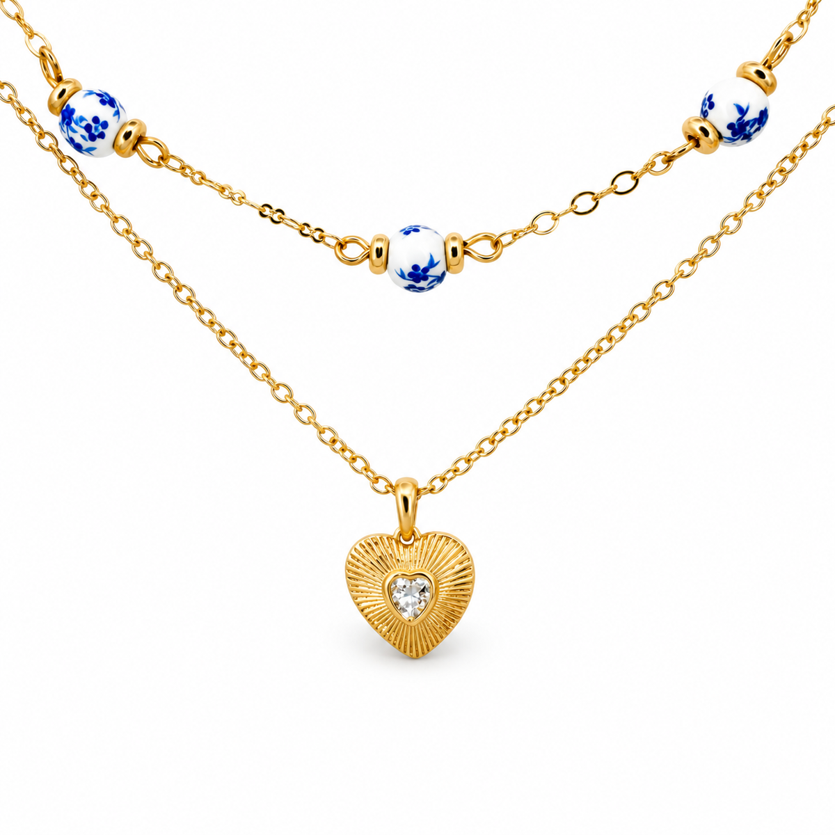Heart & Chinoiserie Bead Double Layer Necklace — approved Hearts collection luxury white background product photo