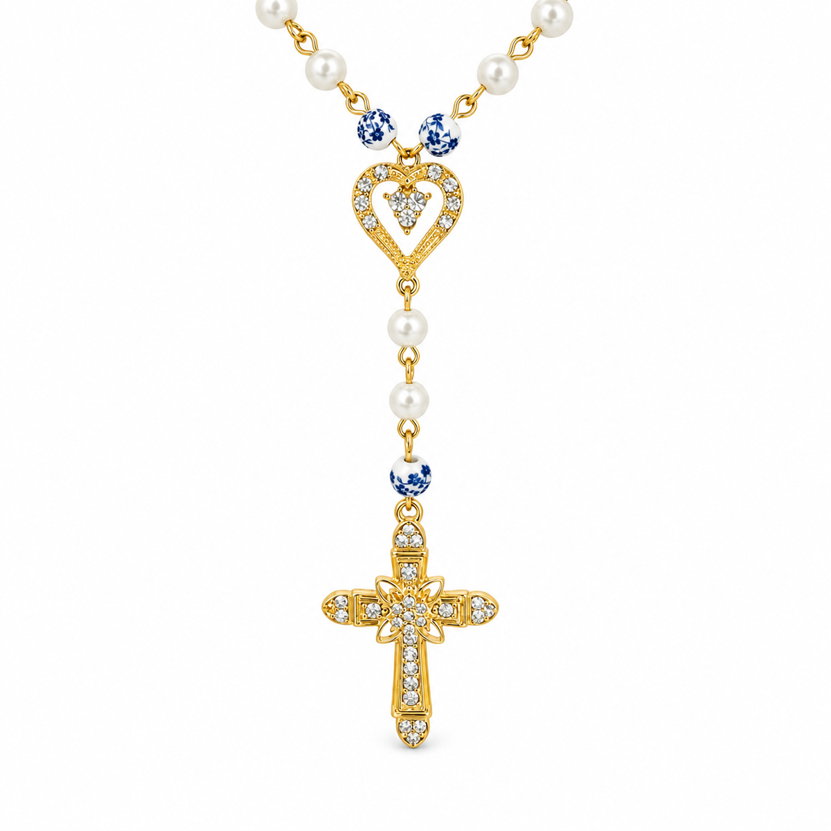 Pave Cross Chinoiserie Y Necklace — approved Hearts collection luxury white background product photo
