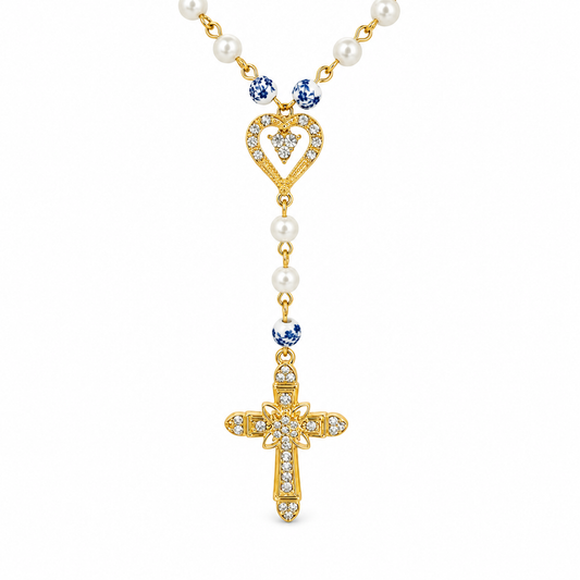 Pave Cross Chinoiserie Y Necklace — approved Hearts collection luxury white background product photo