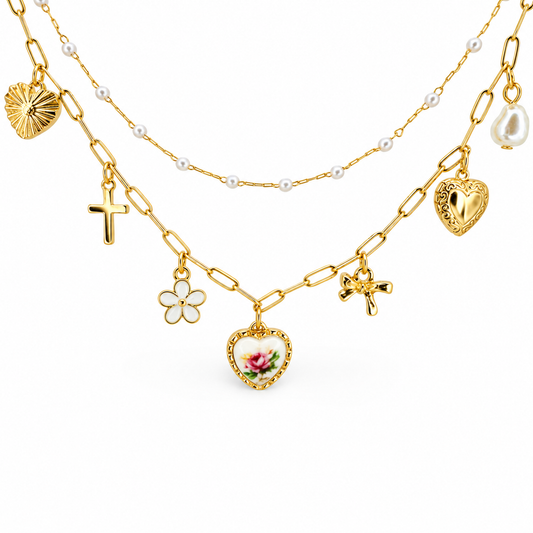 Chinoiserie Heart Delicate Double Layer Charm Necklace — approved Hearts collection luxury white background product photo