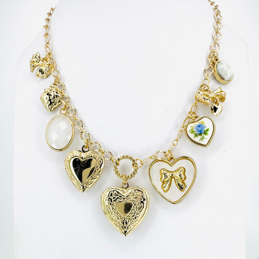 Hearts Locket & Bow Tag Charm Necklace