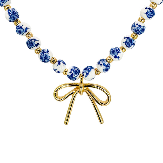 Bow & Chinoiserie Beaded Necklace