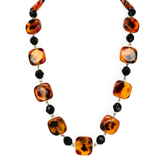 Animal Print Lucite Flat Square Pebble Beaded Necklace