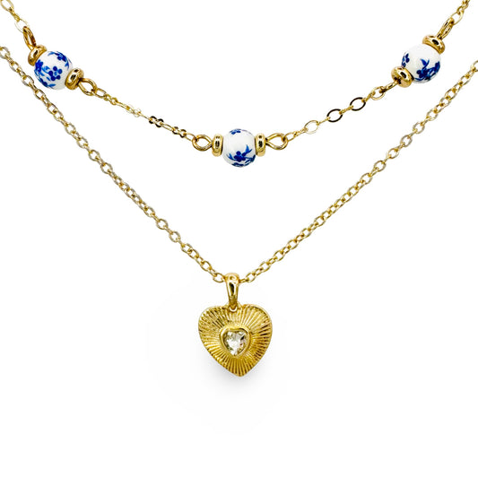 Heart & Chinoiserie Bead Double Layer Necklace