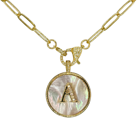 Mother of Pearl Pave Monogram Paperclip Necklace