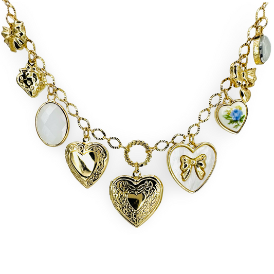 Hearts Locket & Bow Tag Charm Necklace