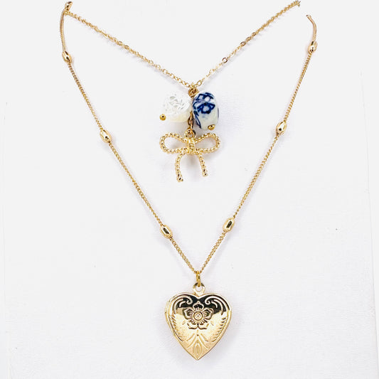 Locket & Bow Cluster Chinoiserie Layer Necklace