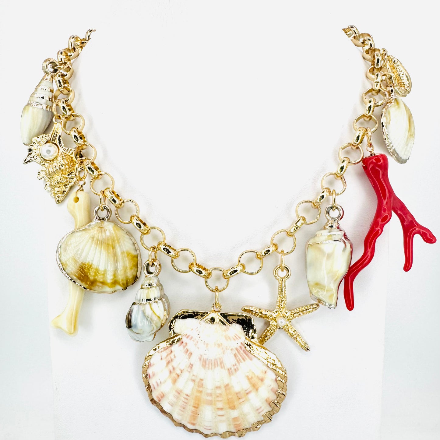 Gilded Seashells & Coral Charms Necklace