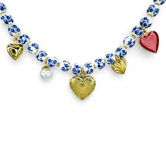 Hearts & Locket Chinoiserie Beaded Necklace