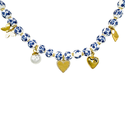 Hearts & Butterfly Chinoiserie Beaded Necklace
