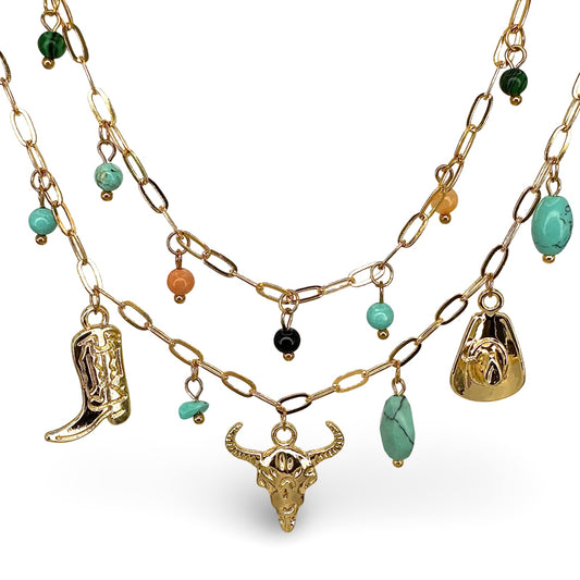 Double Layer Boot, Antler, &amp; Cowboy Hat Multi Charm Beaded Necklace