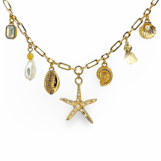 Pearl Starfish & Pave Cowrie Beach Charms Necklace