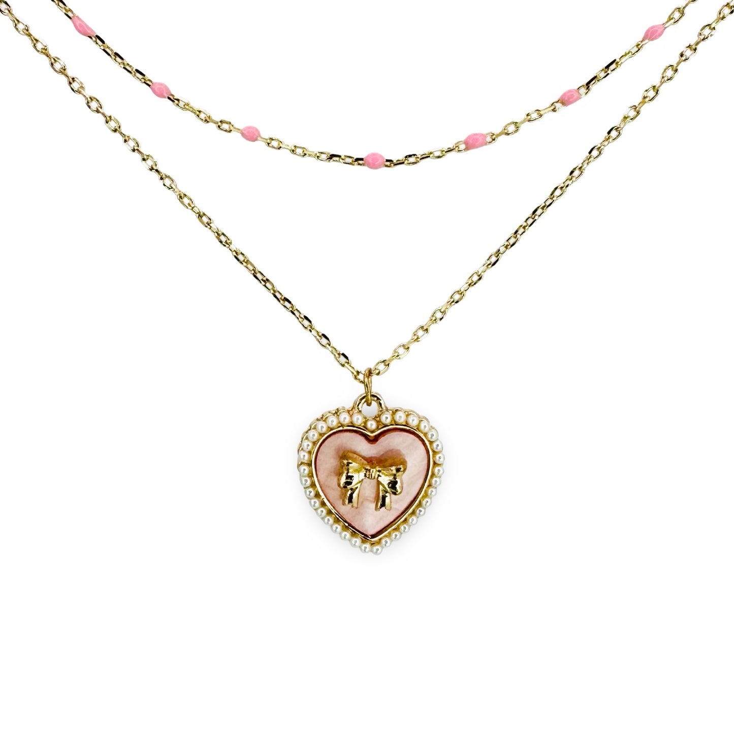 Bow Heart & Bead Chain Double Layer Necklace