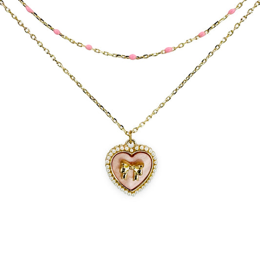 Bow Heart & Bead Chain Double Layer Necklace