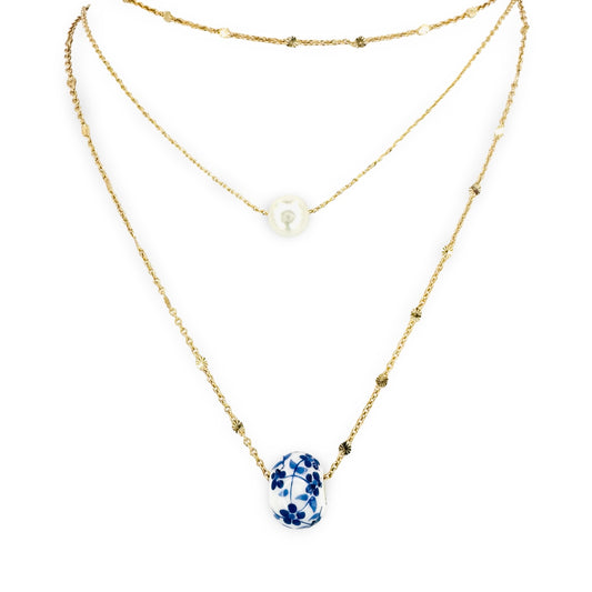 Chinoiserie Bead & Faux Pearl Triple Layer Necklace