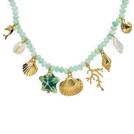 Aqua Beaded Seashell Charm Necklace