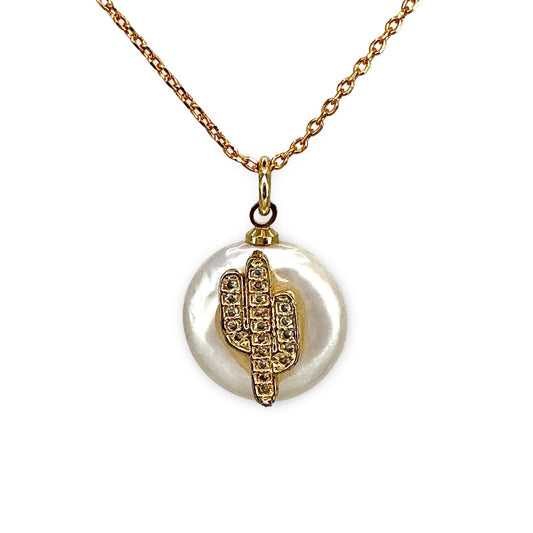 Small Pave Cactus Coin Pearl Necklace