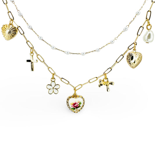 Chinoiserie Heart Delicate Double Layer Charm Necklace