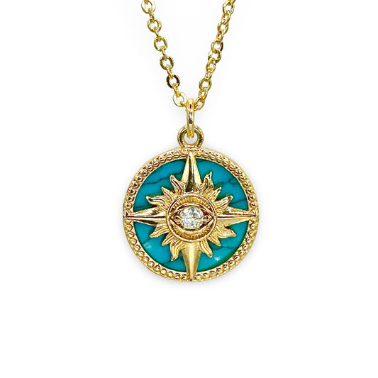 Turquoise Northstar Sun CZ Evil Eye Necklace