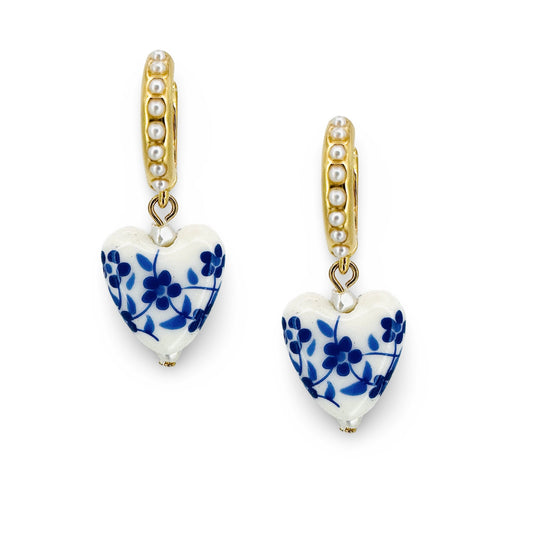 Porcelain Heart Pearl Huggie Earrings