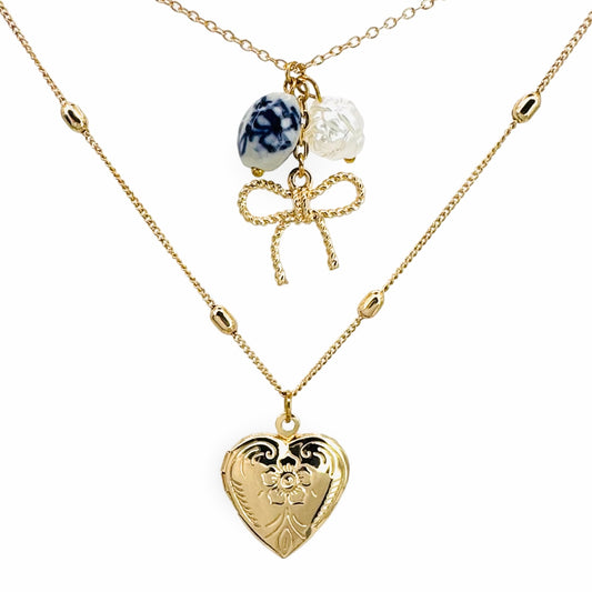 Locket & Bow Cluster Chinoiserie Layer Necklace