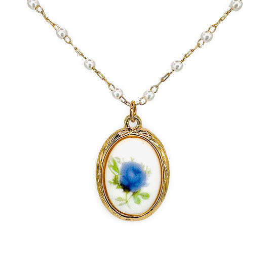 Oval Blue Chinoiserie Beaded Pendant Necklace