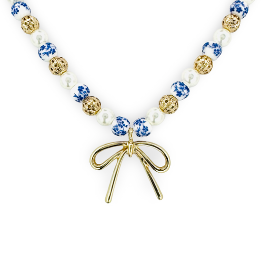 Bow, Chinoiserie, & Filigree Beaded Necklace