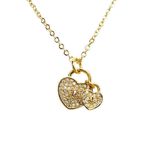 CZ Micropave Double Heart Padlock Necklace