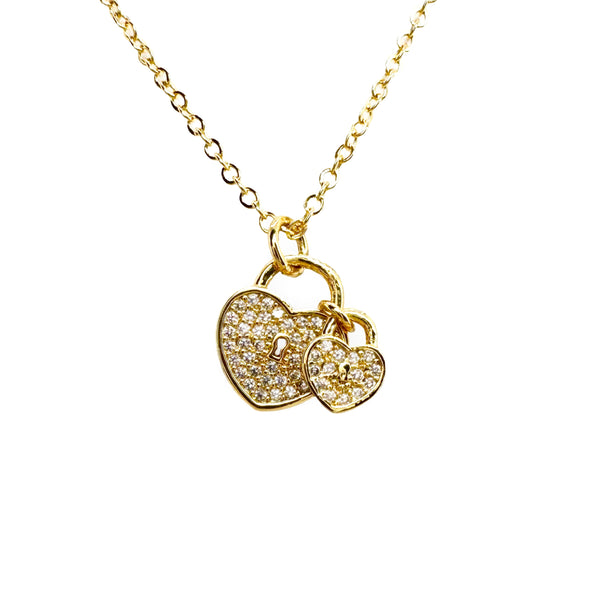 CZ Micropave Double Heart Padlock Necklace