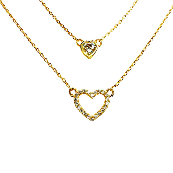 Double Layer Small CZ Bezel Heart & Pave Outline Festoon Heart Necklace