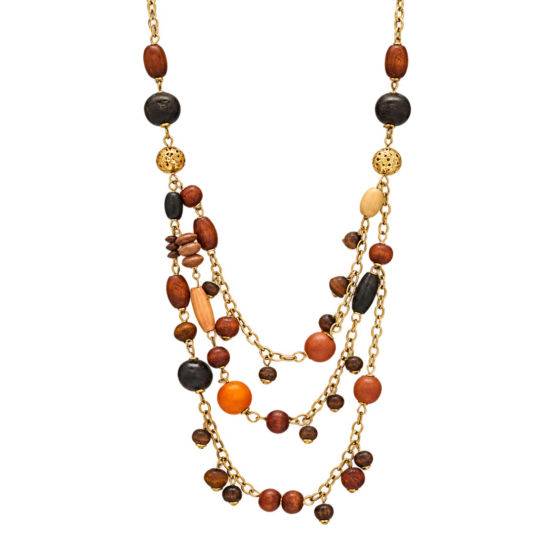 Triple Layer Multi Wood Beaded Necklace