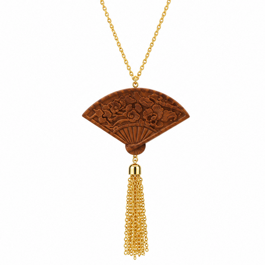 Carved Wood Fan Tassel Necklace