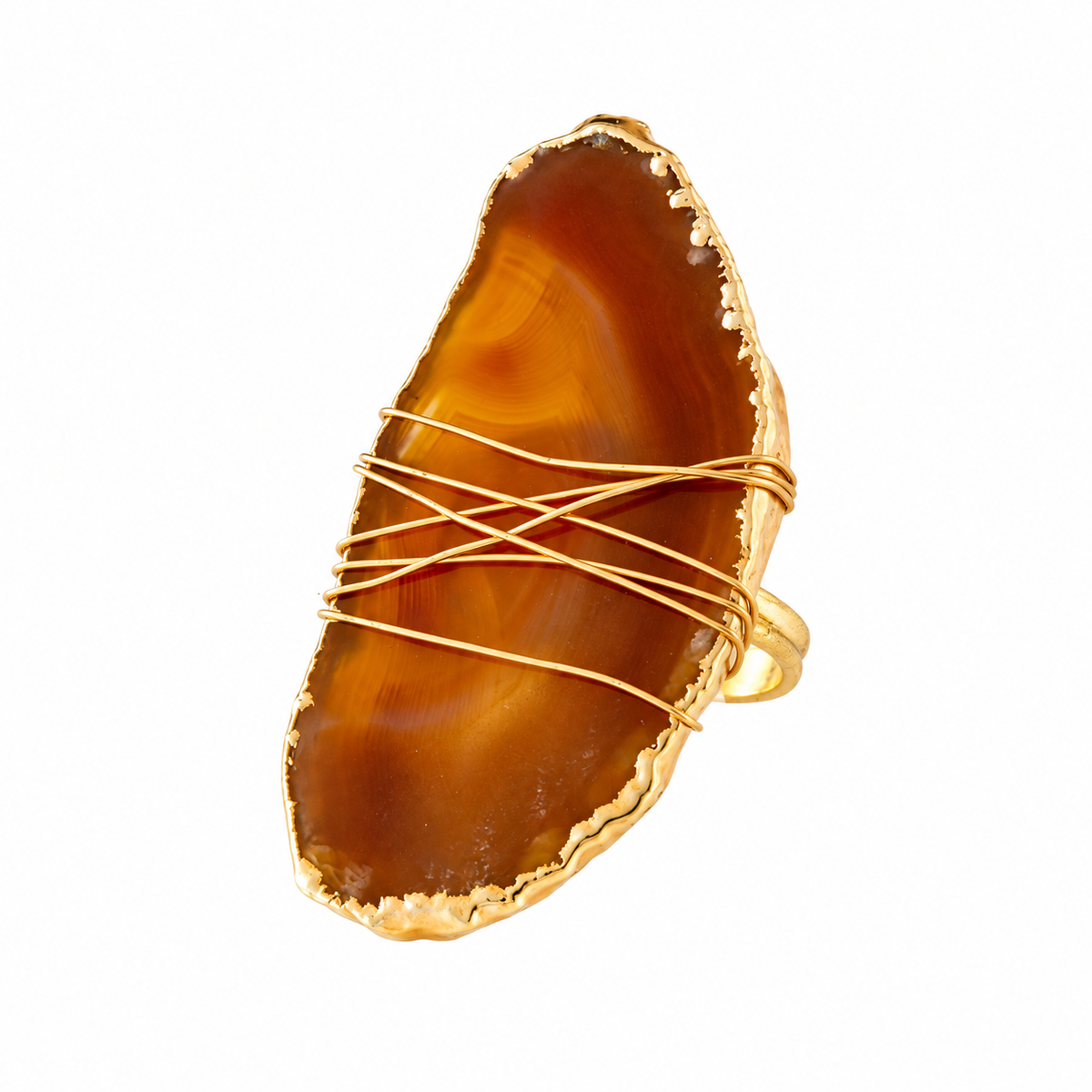 Natural Tone Gilded Edge Wire Wrapped Brazilian Agate Ring