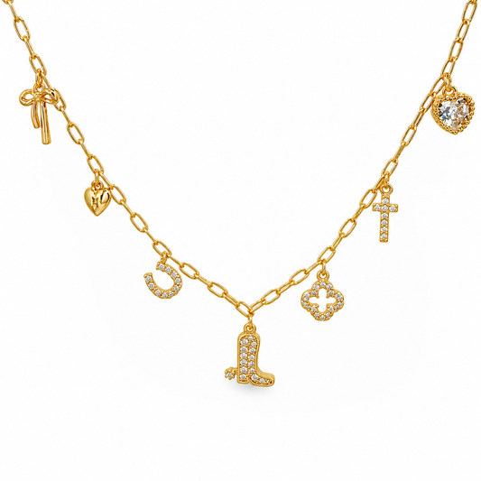Bow, Boot, & Hearts Charms Station Necklace — approved Western Default Title shiny gold product photo — cowgirl-pave-bows-boots-multi-charm-necklace