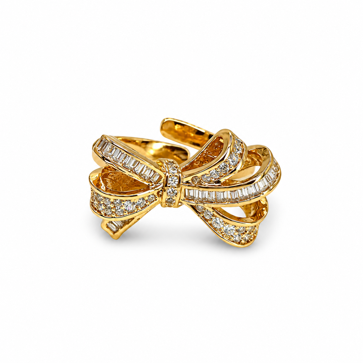 CZ Pave Baguette Cluster Bow Ring — luxury white background product photo