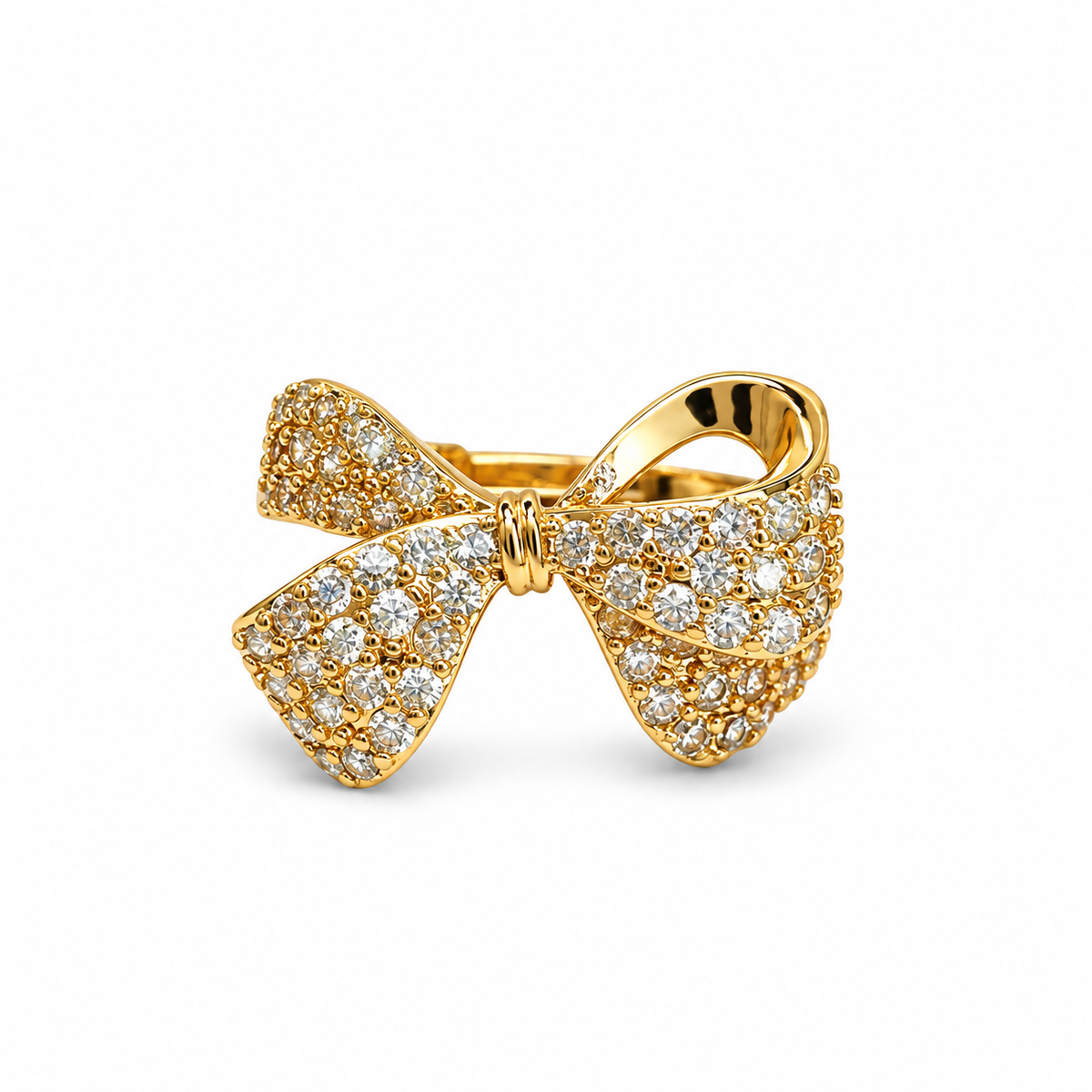 Pave CZ Gloss Twist Bow Ring — luxury white background product photo