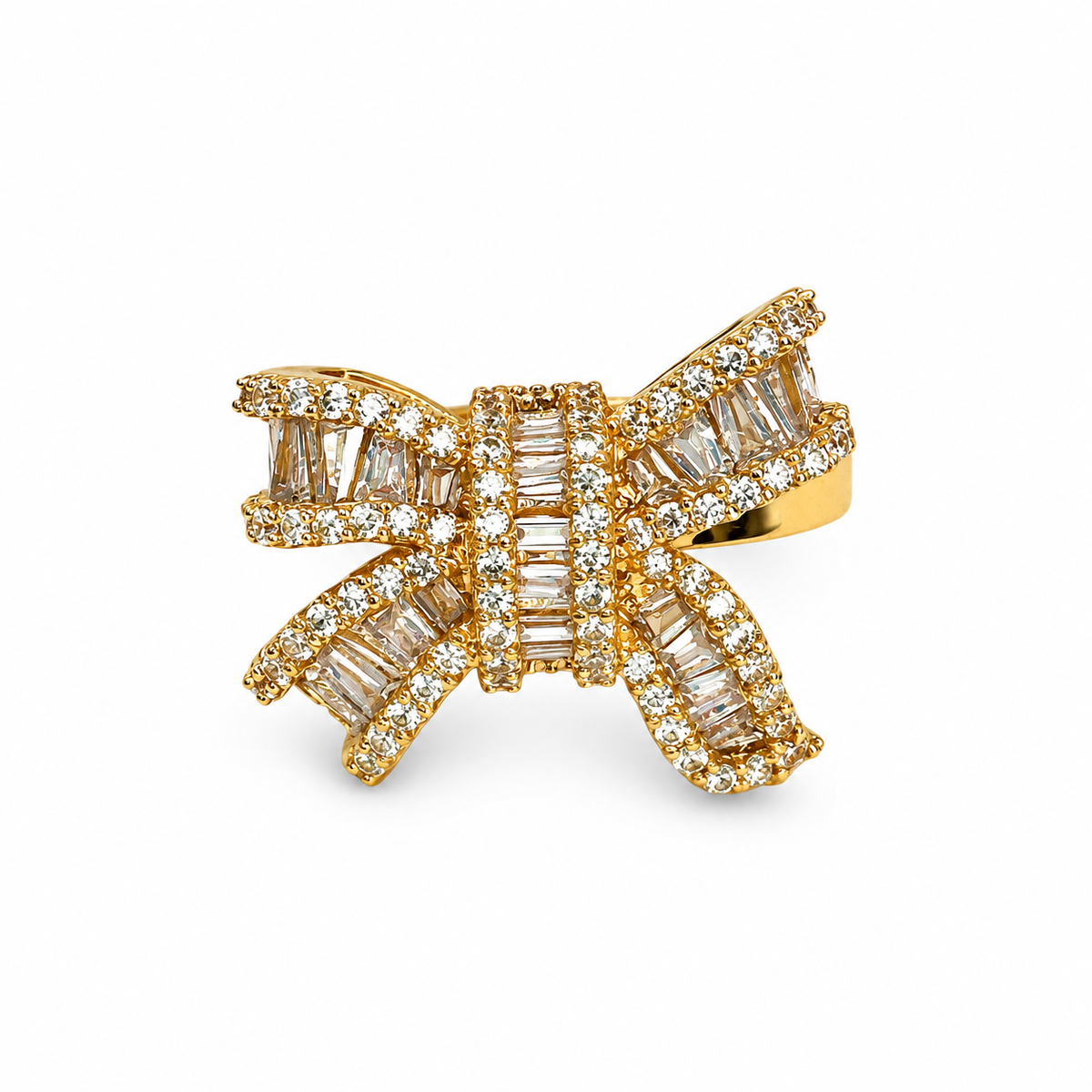 CZ Baguette Pave Edge Bow Ring — luxury white background product photo